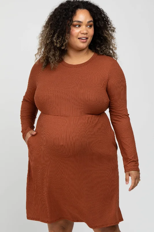 Rust Ribbed Long Sleeve Plus Maternity Dress Best maxi dresses for tall women