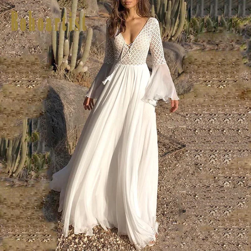 Sexy Long Sleeve White V-neck Dress High-end maxi dresses