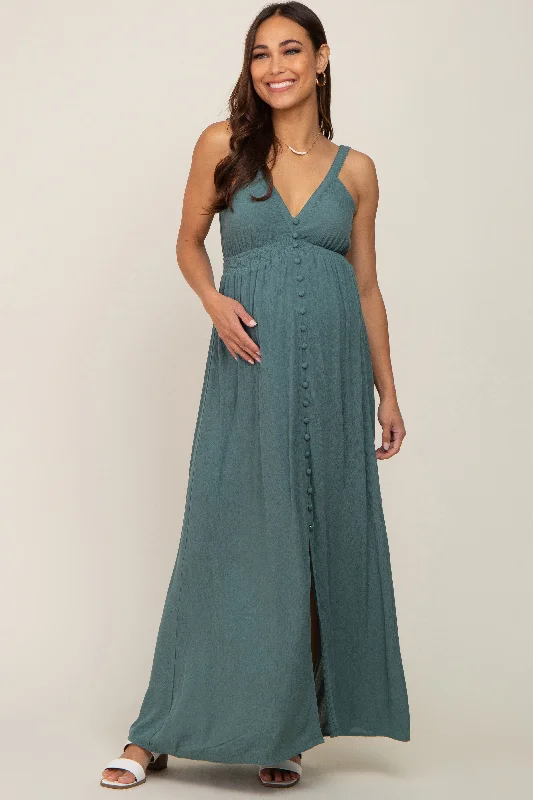 Teal Button Front Accent Maternity Maxi Dress Summer party maxi dresses