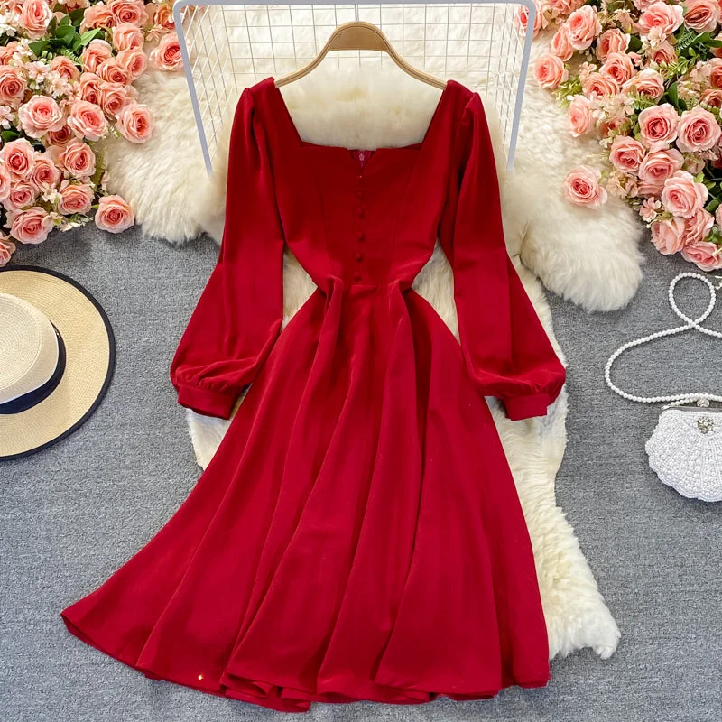 Temperament medium long high waist Thin Red Square Neck Dress  3361 Lightweight maxi dresses for hot weather