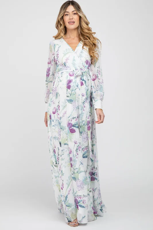 White Floral Chiffon Long Sleeve Pleated Maternity Maxi Dress Cute floral print maxi dresses