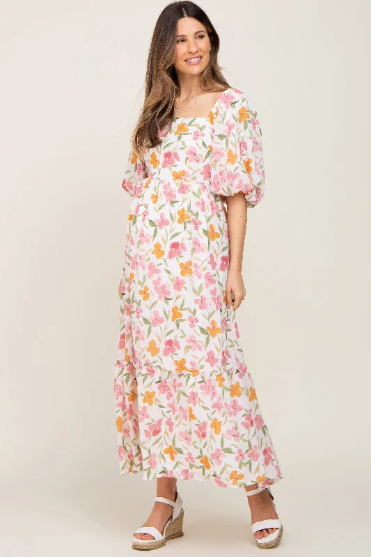 White Floral Puff Sleeve Maternity Maxi Dress Spring maxi dresses