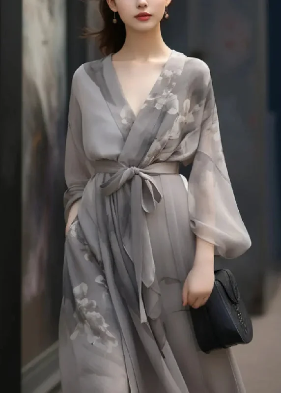 Chinese Style Print Tie Waist Chiffon Dress Fall Maternity floral dresses