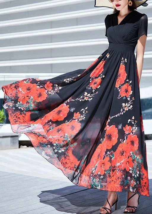 Elegant Black V Neck Print Wrinkled Chiffon Long Dresses Summer AS1002 Best floral dresses for beach vacations