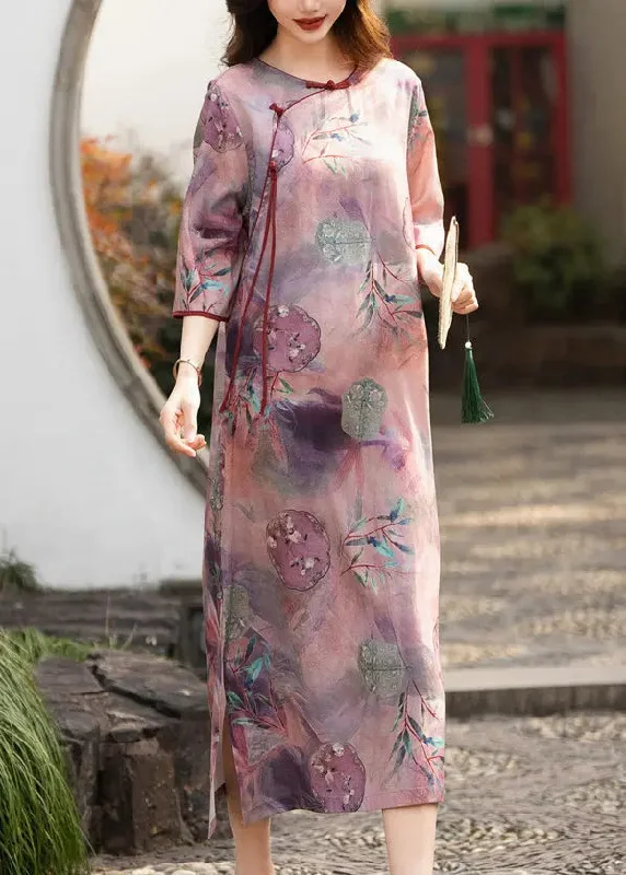 Elegant Purple Button Print Side Open Linen Dress Half Sleeve CG1005 Floral dresses under $100