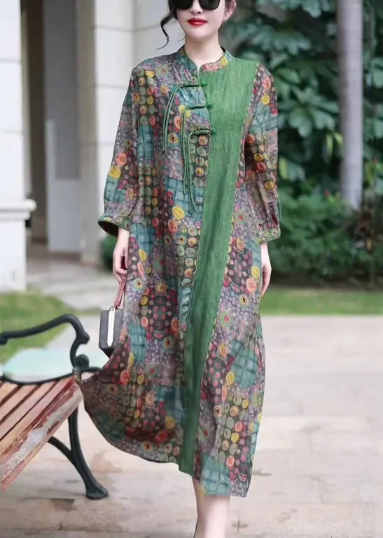 French Green Button Print Patchwork Silk Long Dress Spring CG1020 Best floral dresses for tall women