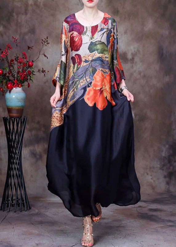 Italian Black O Neck Print Pockets Silk Long Dress Summer AA1031 Cottagecore floral dresses