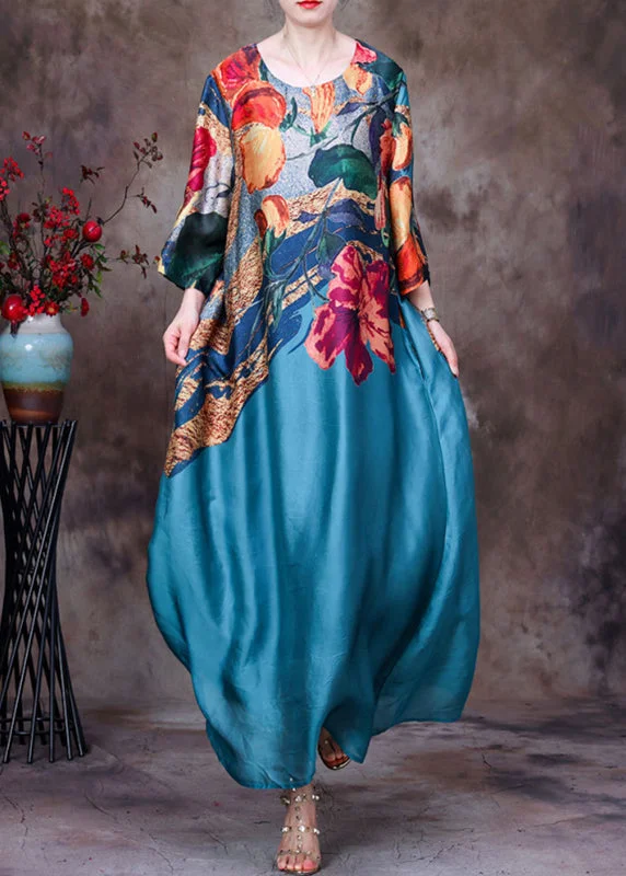 Lake Blue Pockets Print Silk Long Dresses O Neck Half Sleeve AA1030 Y2K floral dresses