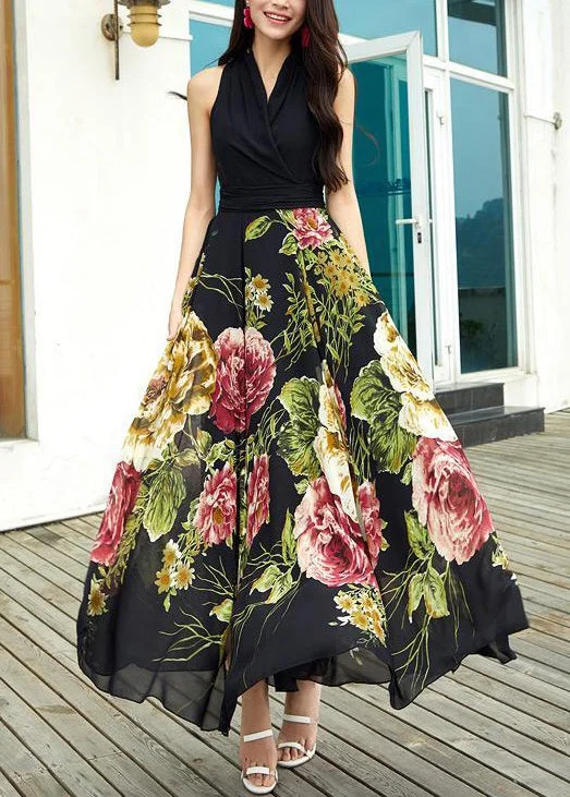 New Black V Neck Print Chiffon Long Dresses Sleeveless AS1042 Best floral dresses for casual outings