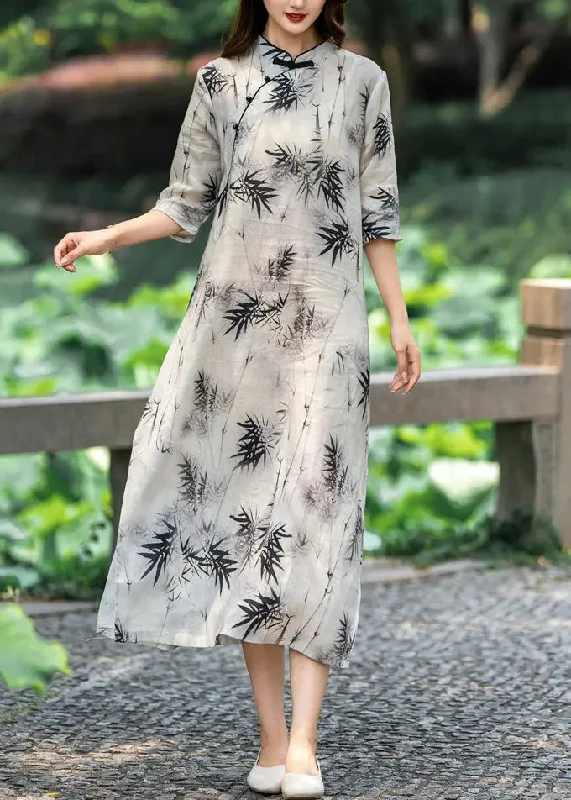 New Light Grey Stand Collar Button Print Linen Dresses Half Sleeve CG1048 Best floral dresses for plus size