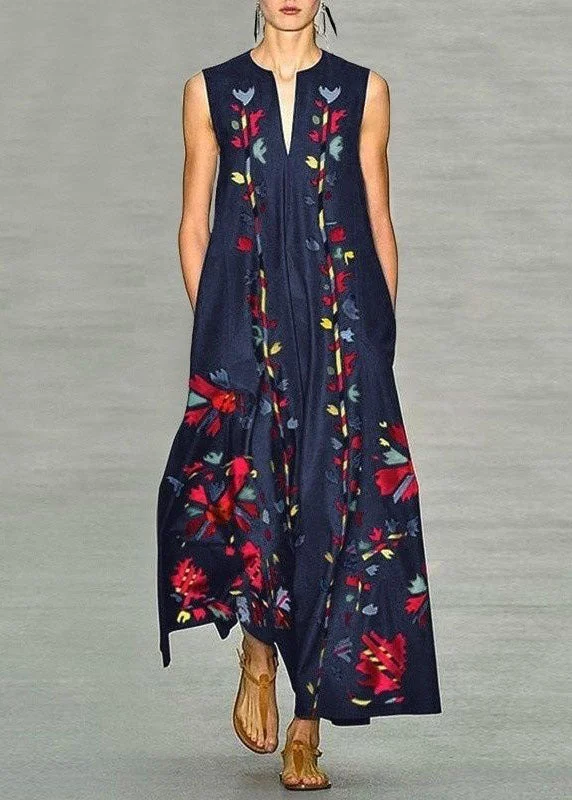 New Navy V Neck Print Chiffon Long Dress Sleeveless LY1925 Vintage floral dresses