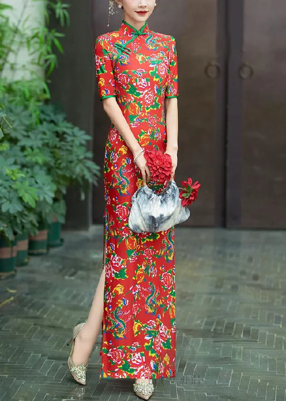 New Red Button Print Cotton Long Dresses Summer QA1006 Best floral dresses for hourglass body shape