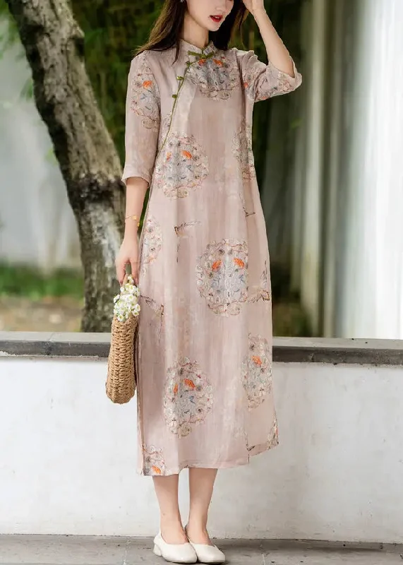 Pink Side Open Print Linen Long Dresses Stand Collar Summer CG1006 Best floral dresses for petites