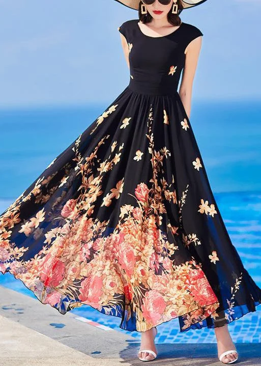 Slim Fit Black O-Neck Print Chiffon Long Dresses Summer AS1059 Best floral dresses for work