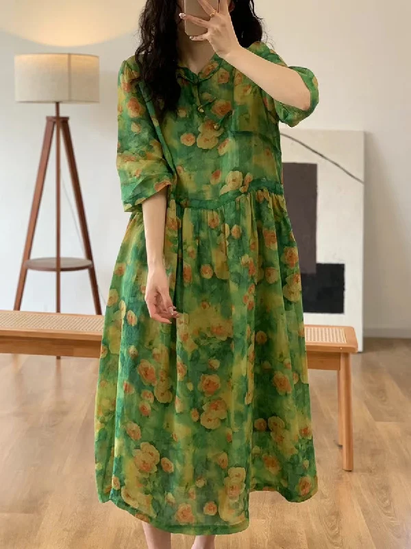 Women Artsy Floral Summer Ramie Loose Dress CO1009 New Year's Eve floral dresses