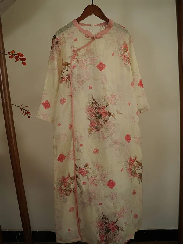 Women Artsy Floral Vintage Ramie Robe Dress XX1025 Garden party floral dresses