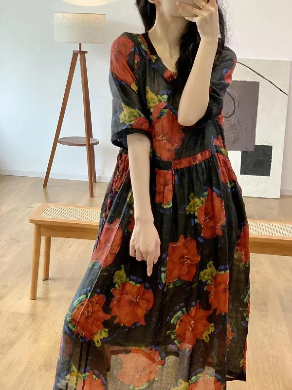 Women Summer Artsy Floral V-Neck Linen Dress QW1023 Flowy floral dresses