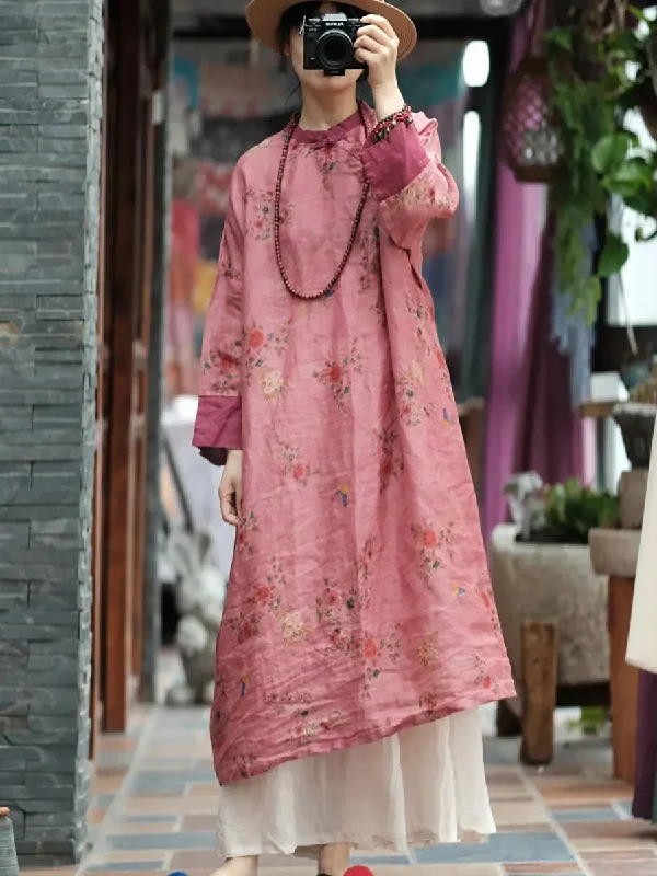 Women Floral Spliced Ramie Robe Dress Girls' floral dresses