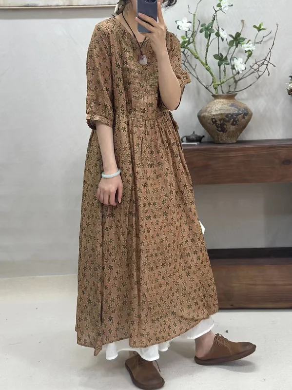 Women Vintage Summer Floral Plaid Loose Ramie Dress KL1025 High-end floral dresses