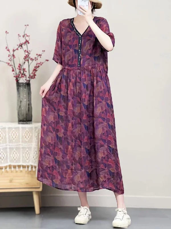 Women Vintage Summer Floral Ramie V-Neck Dress SC1001 Anniversary floral dresses