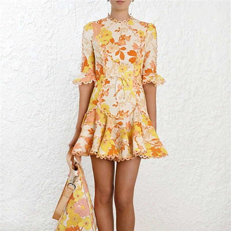 Women's Summer Casual O-Neck High-Waist Dress With Print Spring floral dresses