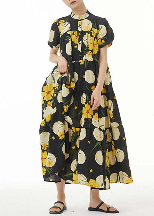 Yellow Print Loose Cotton Dress Stand Collar Summer AA1044 Forever 21 floral dresses