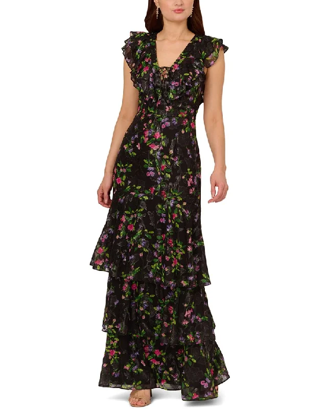 Adrianna Papell Flutter Tiered Chiffon Gown Velvet unclassified dresses