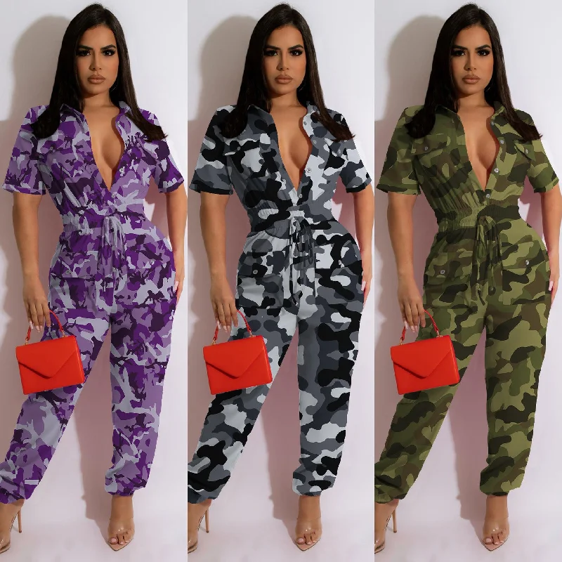 Alpha C Women Camouflage High Stretch V Neck  Overall Jumpsuit Elegant unclassified dresses