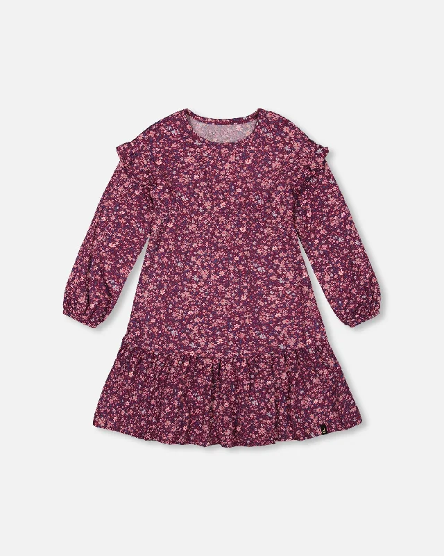 Dress With Frills Burgundy Printed Little Flowers A-line unclassified dresses