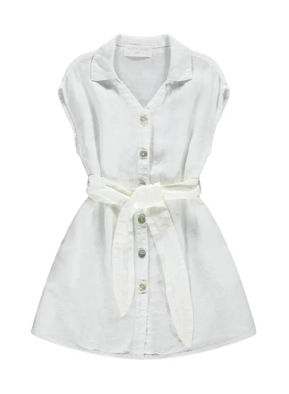 Girl Linen Cap Sleeve Belted Dress In Off White Discounted unclassified dresses