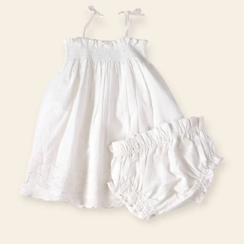 Girls' Camille Eyelet Smocked Dress & Bloomer In Off White Soft fabric unclassified dresses