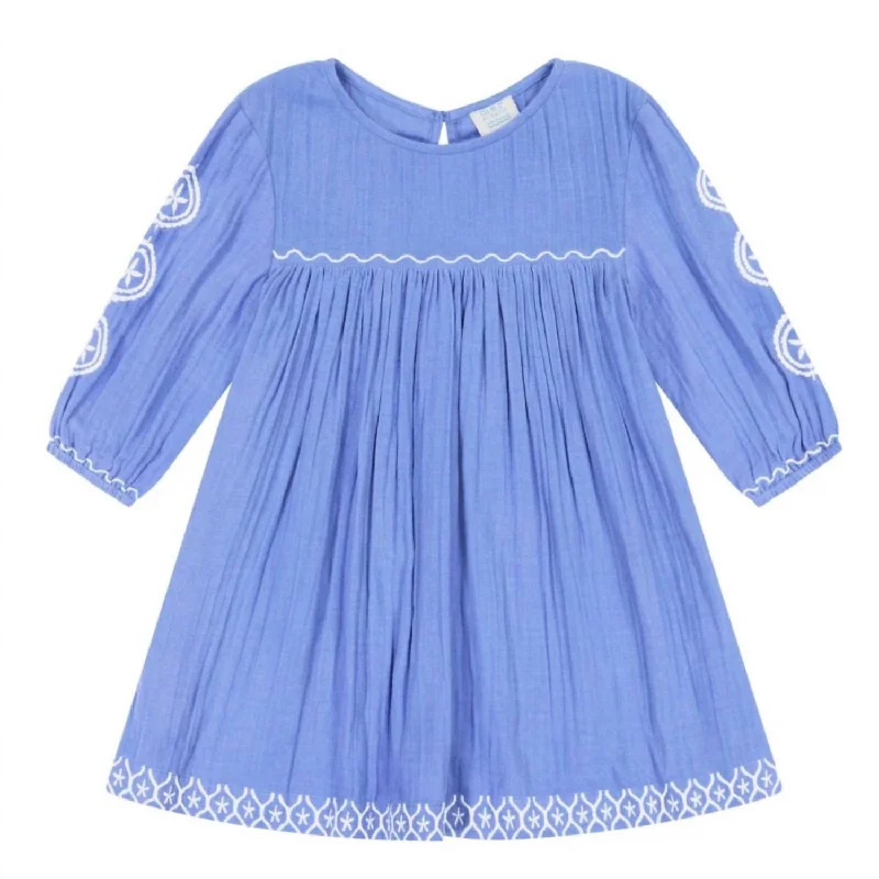 Girls Ella Embroidery Popover Dress In Aegean Blue Embroidered unclassified dresses