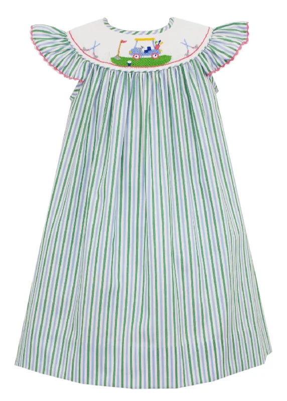 Girl's Golf Angel Wing Bishop W/insert Dress In Green & Blue Stripe Comfortable unclassified dresses