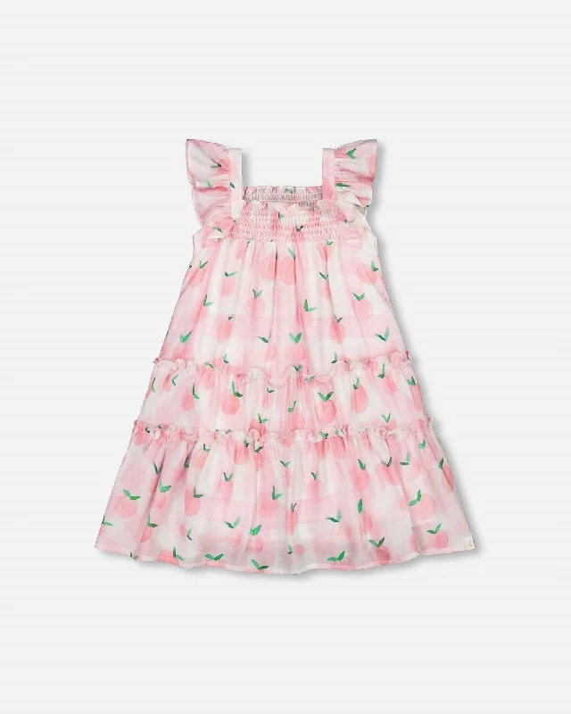 Girls Peach Printed Ruffle Smocked Dress In Pink Designer unclassified dresses