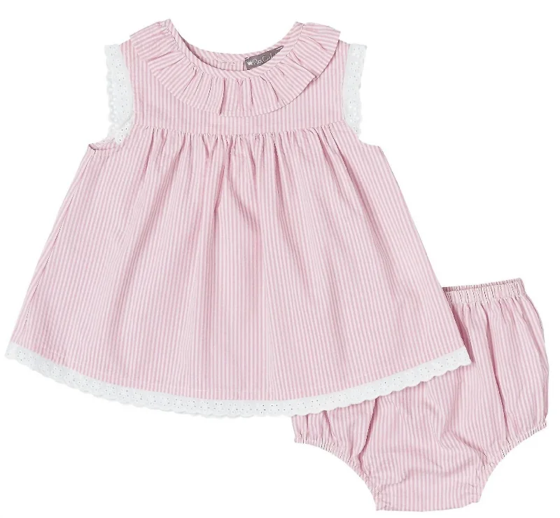 Girls' Seersucker Eyelet Dress Set In Pink Comfortable unclassified dresses