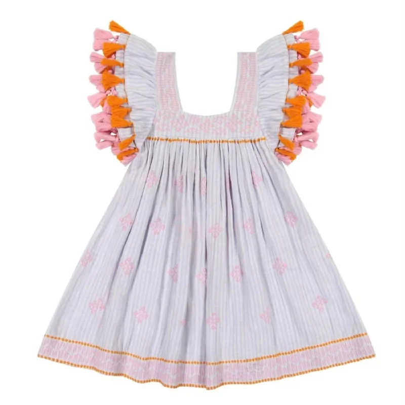 Girls Serena Pompom Dress In Lavender Stripe Beaded unclassified dresses