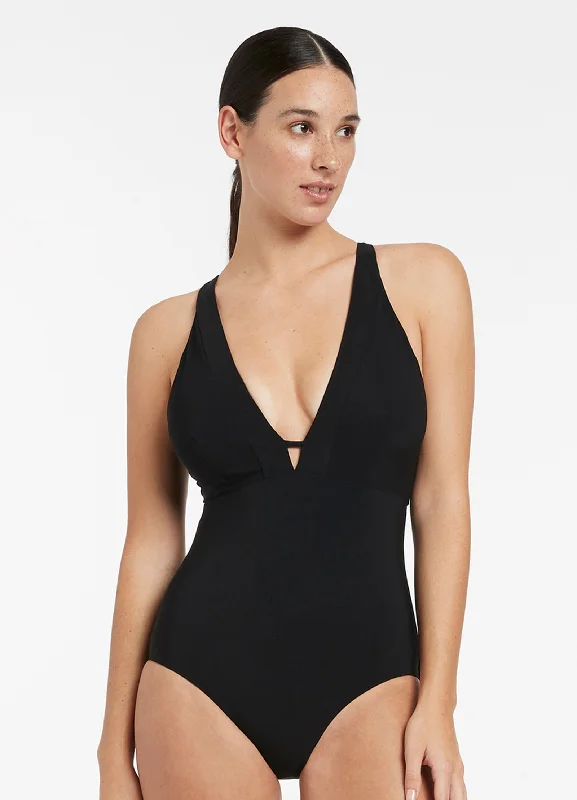 Jetset E-F Clean Plunge One Piece - Black Embroidered unclassified dresses