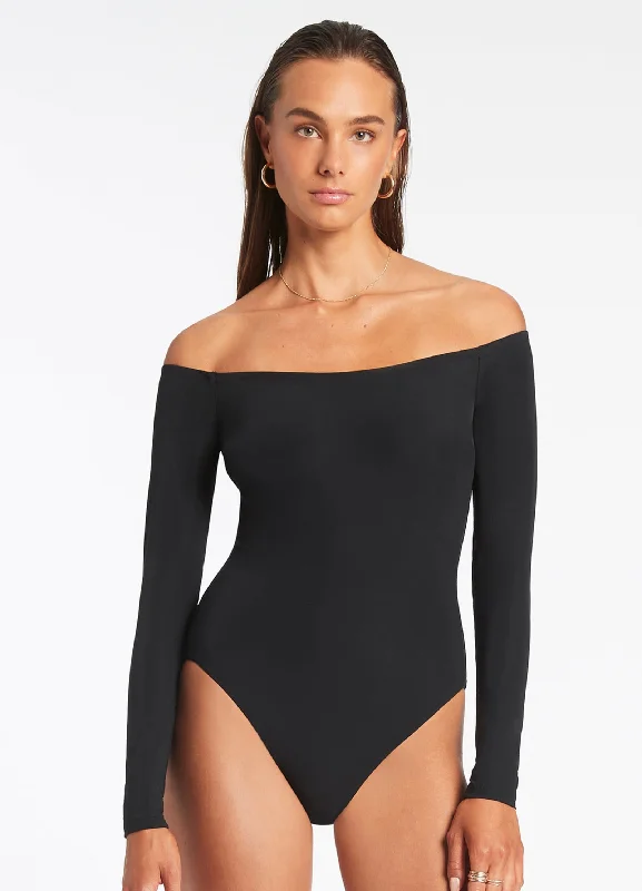 Jetset Off Shoulder Surfsuit - Black One-shoulder unclassified dresses