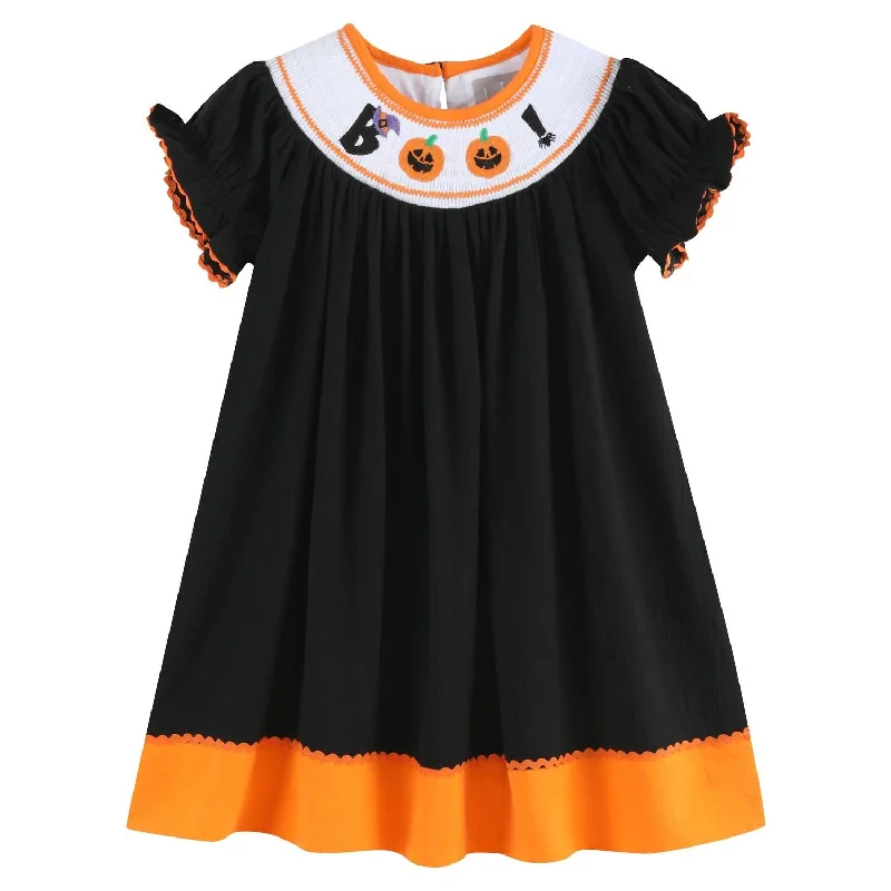 Kids Boo Halloween Smocked Bishop Dress In Black And Orange Luxury unclassified dresses