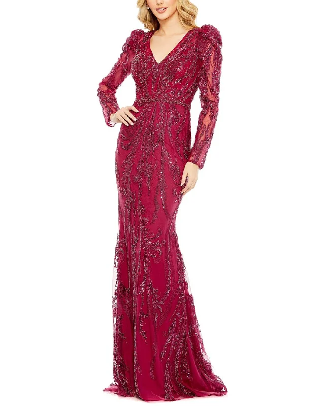 Mac Duggal Embellished Puff Sleeve V Neck Gown One-shoulder unclassified dresses