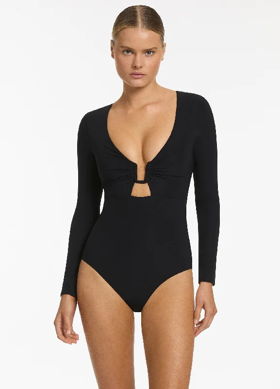 Midnight Tropical Cut Out Surfsuit - Black Earthy tone unclassified dresses