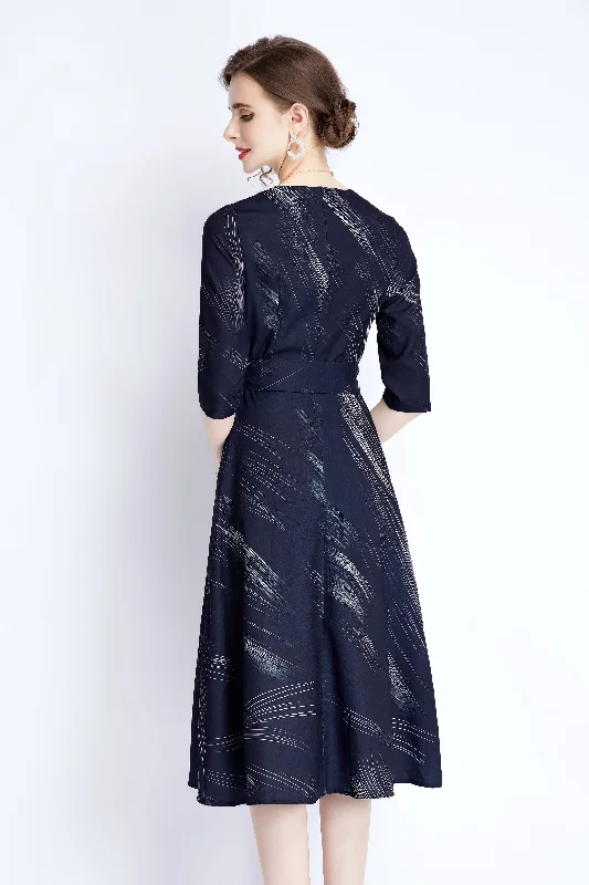 Navy Day A-line Crewneck Elbow Sleeve Below Knee Printed Dress Open-back unclassified dresses