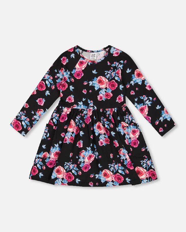 Printed Roses Dress With Pockets Black High-low unclassified dresses