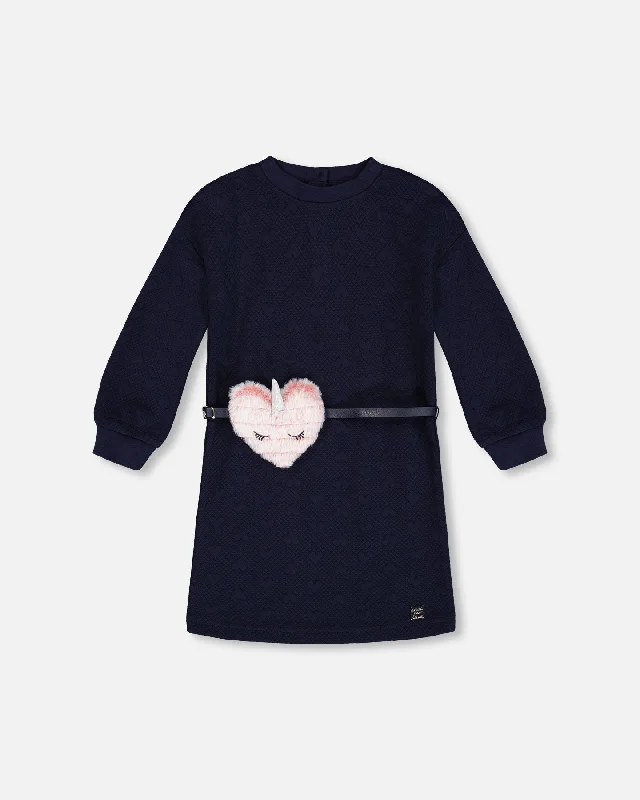 Quilted Heart Fleece Dress With Belt Navy Corset unclassified dresses