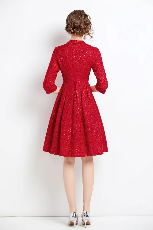 Red Office Classic A-line Crewneck Elbow Sleeve Knee Dress Chic unclassified dresses