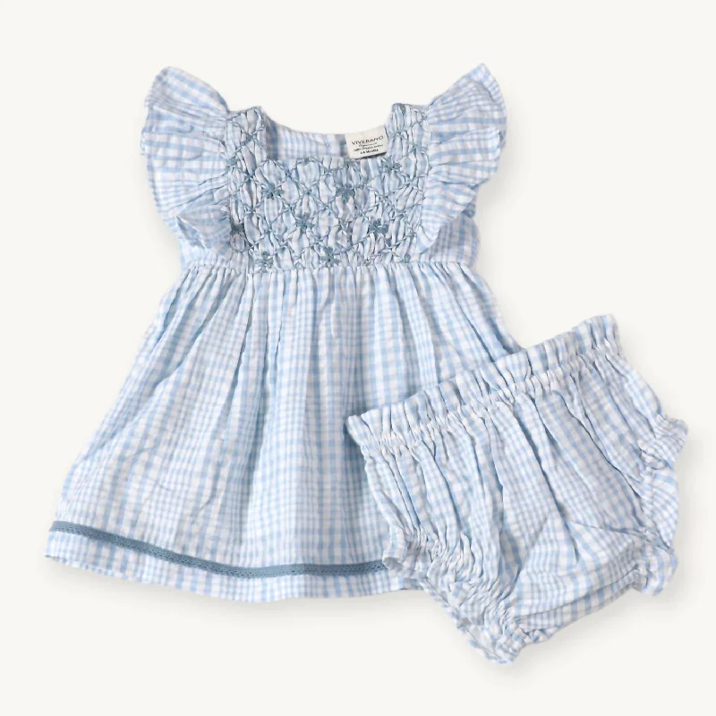 Seersucker Organic Cotton Dress + Bloomer In Blue Preppy unclassified dresses