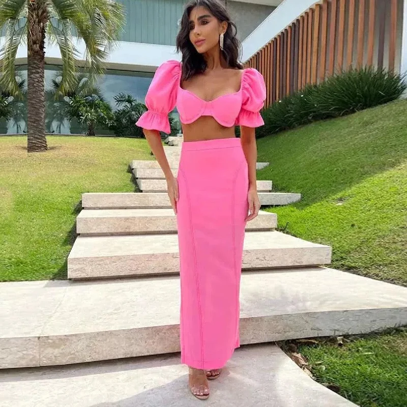 Summer Bubble Two Piece Set in Pink Color block unclassified dresses