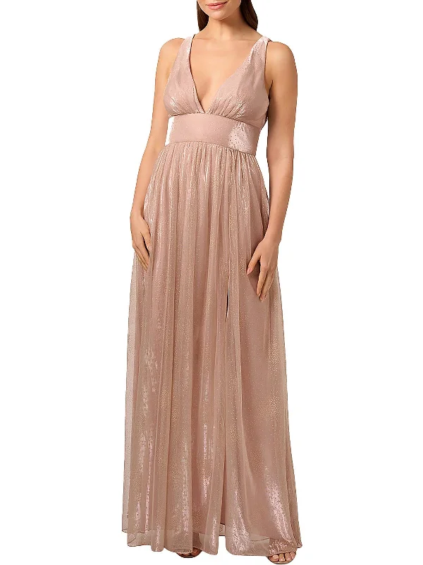 Womens Metallic Plunging Neckline Evening Dress Halter unclassified dresses