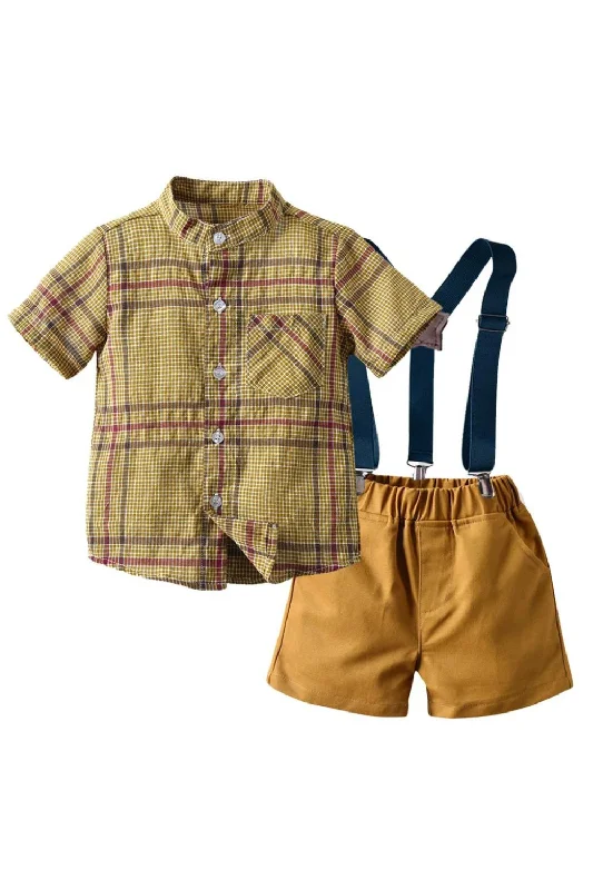 Casual Outfits Kids Boys Clothing Summer Cotton Children Short Set Yellow Plaid Soft Leather Skirt