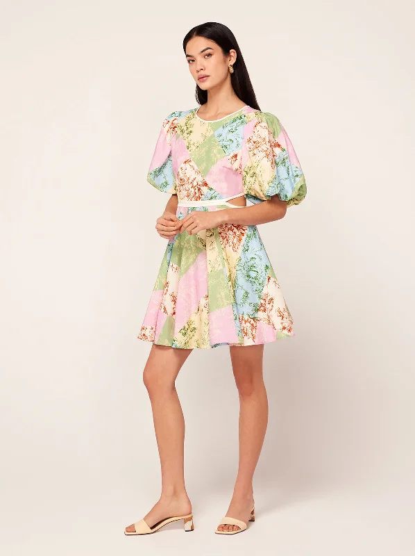 Coco Patched Toile De Jouy Mini Dress Fitted Pleated Skirt